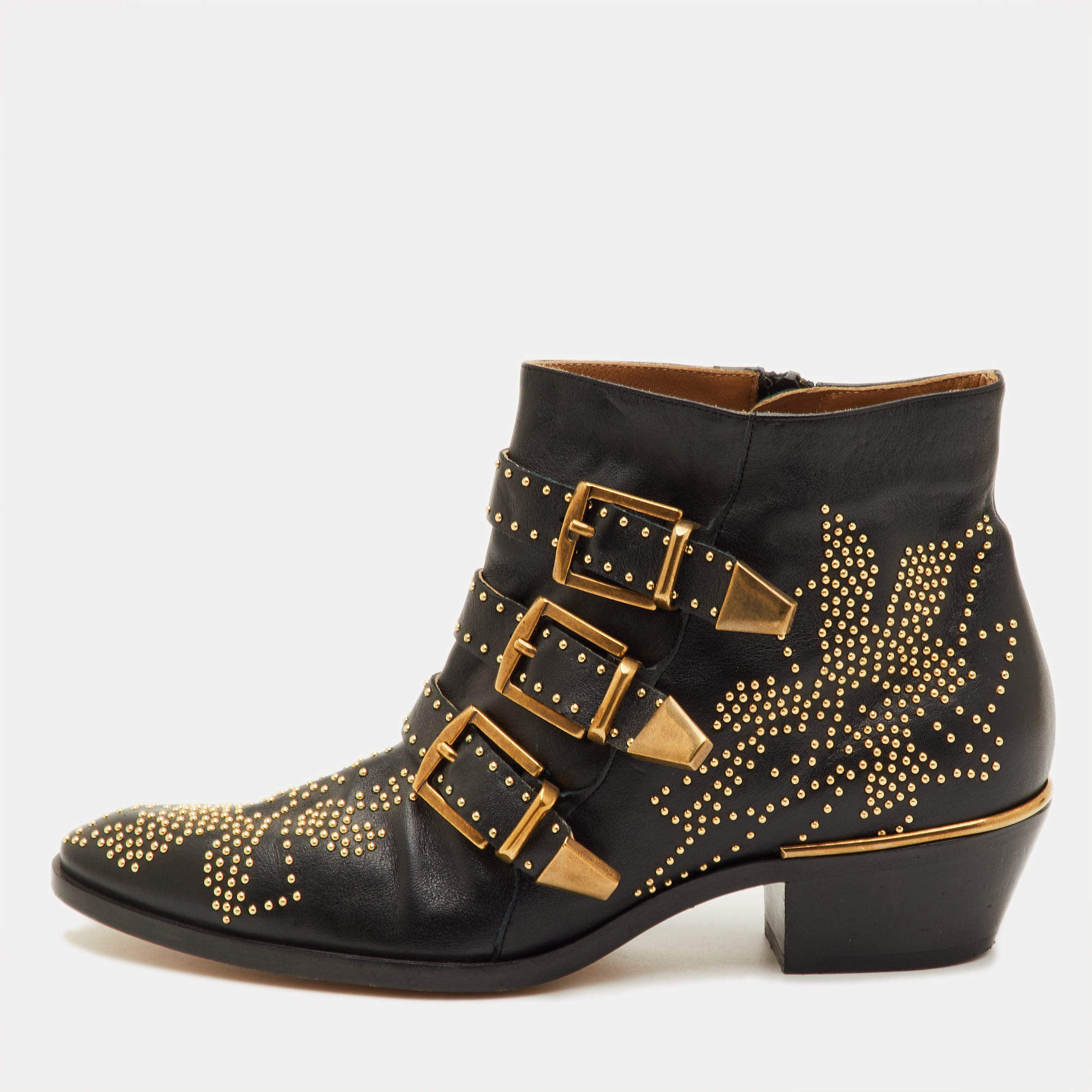 Pre Owned Chloe Susanna Size 38 Black Leather Studded Ankle Length Boots