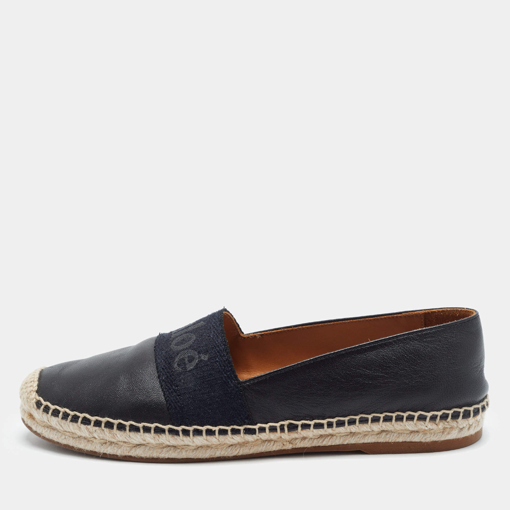 Pre Owned Chloe Piia Size 37 Black Leather Espadrille Flats