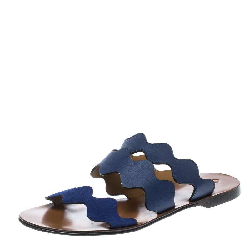 Pre Owned Chloe Blue Leather and Suede Lauren Wavy Three Strap Flat Slides Size 37