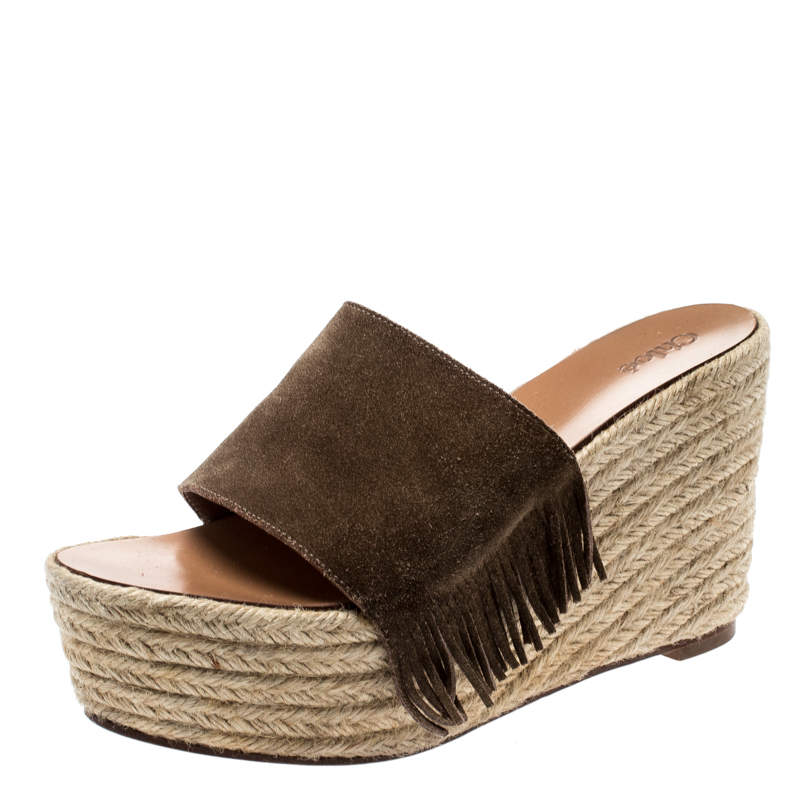Pre Owned Chloe Brown Suede Fringe Detail Wedge Espadrille Sandals Size 39