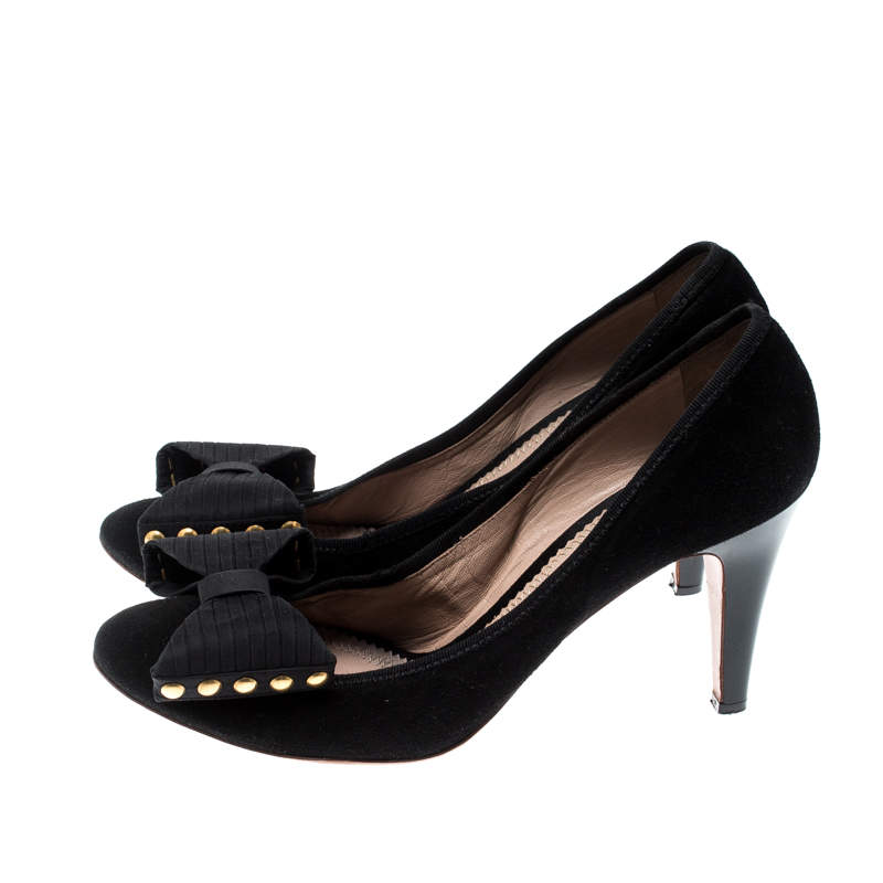 Chloe Shoe Block Heel Pump Jet Black Suede Gold Detail 39 / 9 – Mightychic