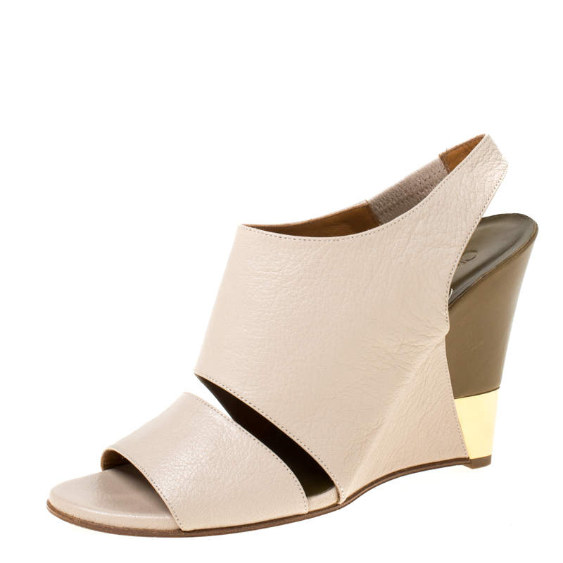 Chloe Beige Leather Eliza Wedge Slingback Sandals Size 39.5