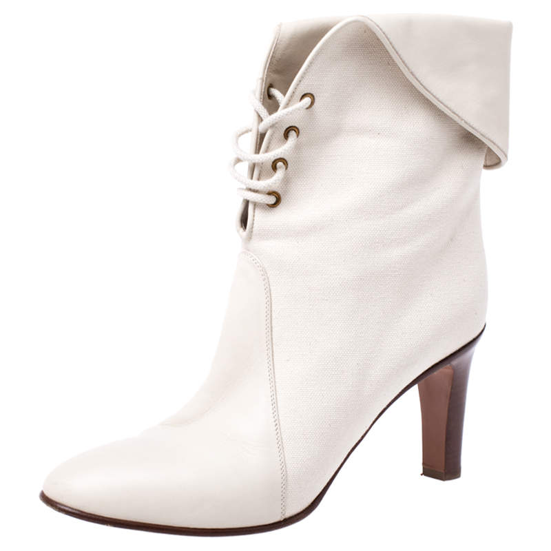 Chloe White Leather And Beige Canvas Kole Ankle Boots Size 38