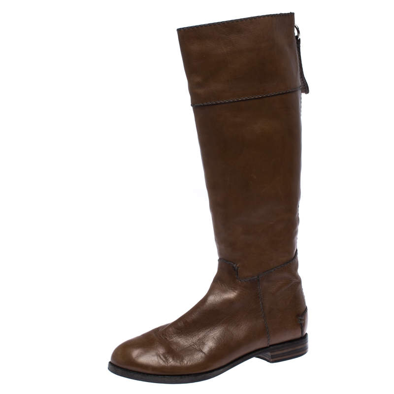 Chloe Brown Leather Knee Length Flat Boots Size 42