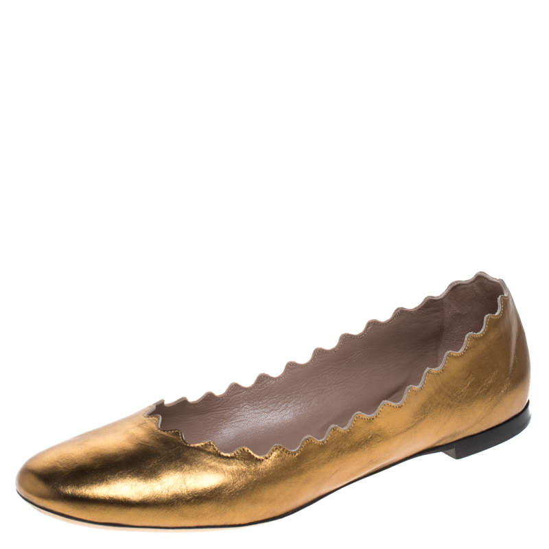 Pre Owned Chloe Gold Leather Lauren Scalloped Ballet Flats Size 39