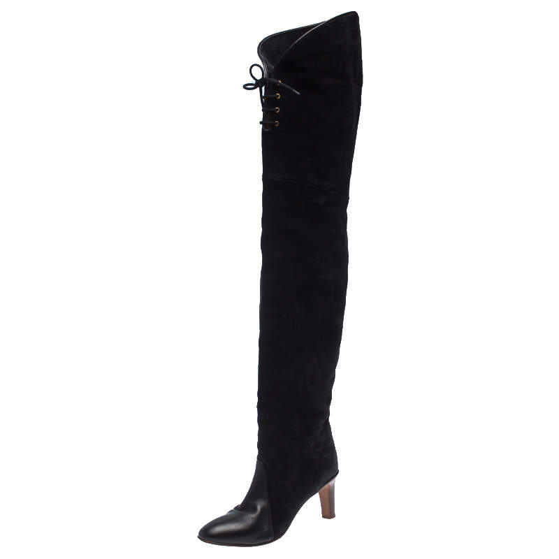 Pre Owned Chloe Black Suede Leather Thigh Length Boots Size 39