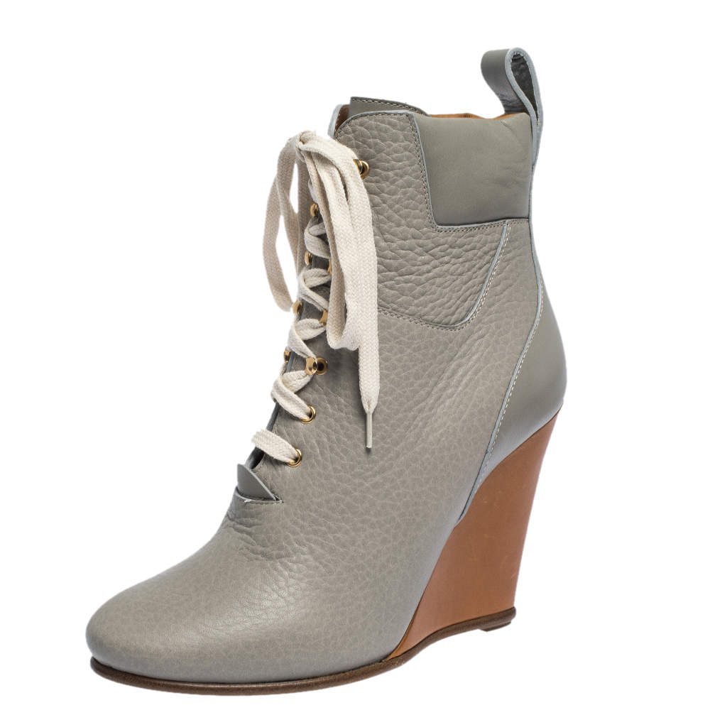 Chloe Grey Leather Lace Up Wedge Ankle Boots Size 37.5