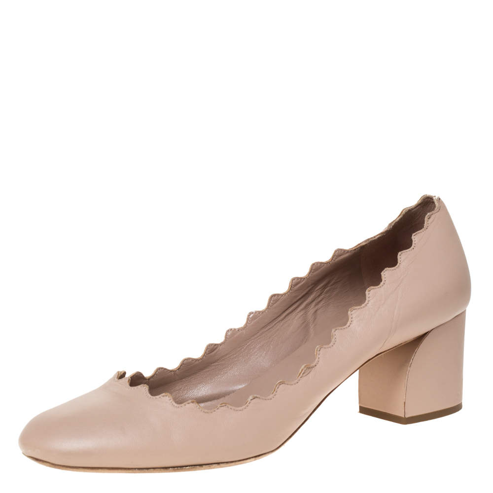 Pre Owned Chloe Beige Leather Lauren Scallop Trim Block Heel Pumps Size 39