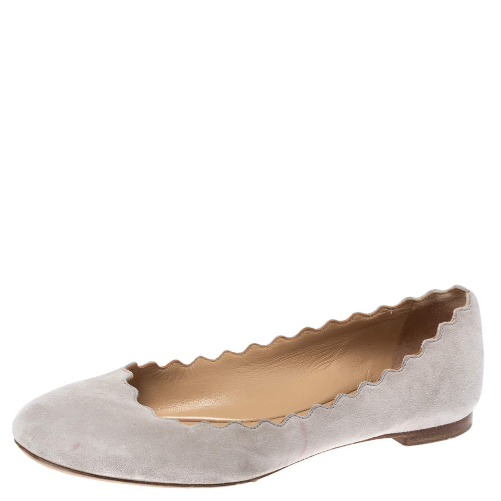 Pre Owned Chloe Grey Suede Lauren Scalloped Ballet Flats Size 36