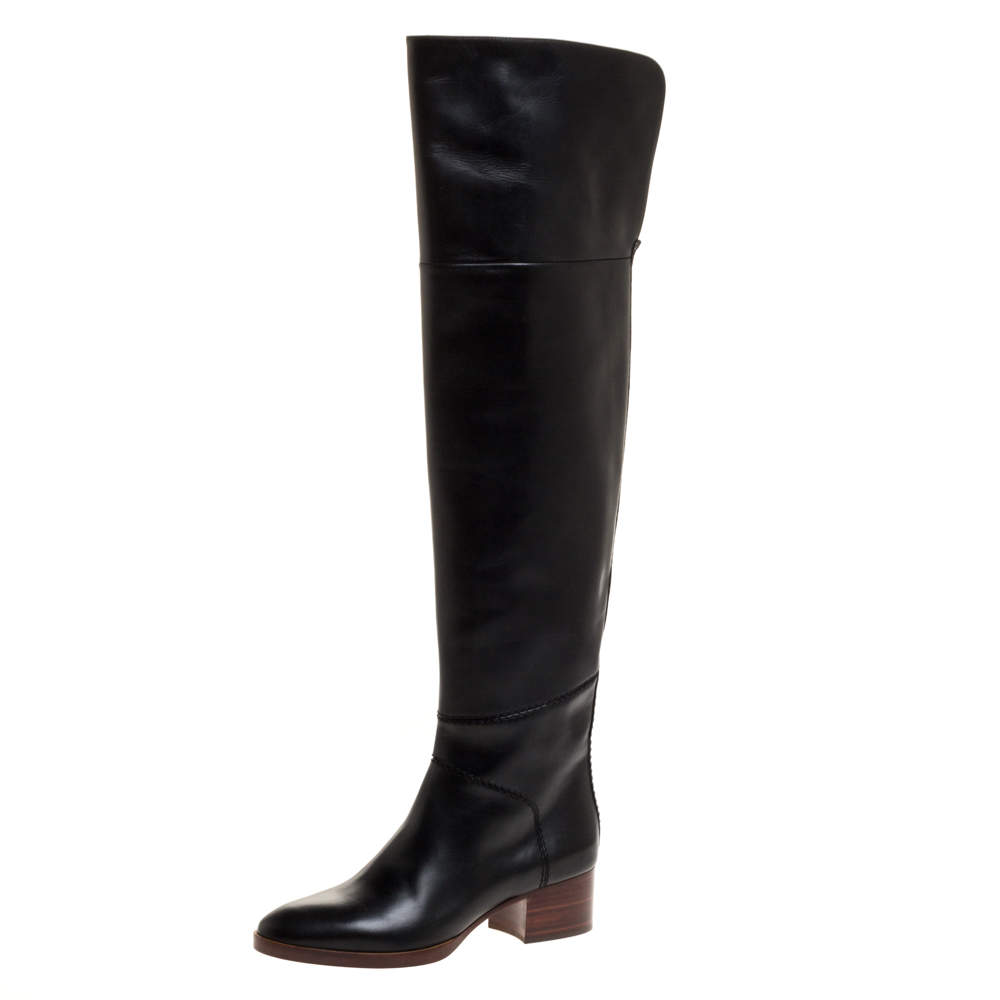 Pre Owned Chloe Black Leather Over the Knee Boots Size 36