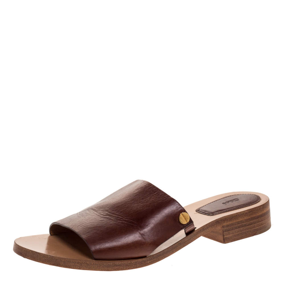 Chloe Brown Leather Slide Sandals Size 40