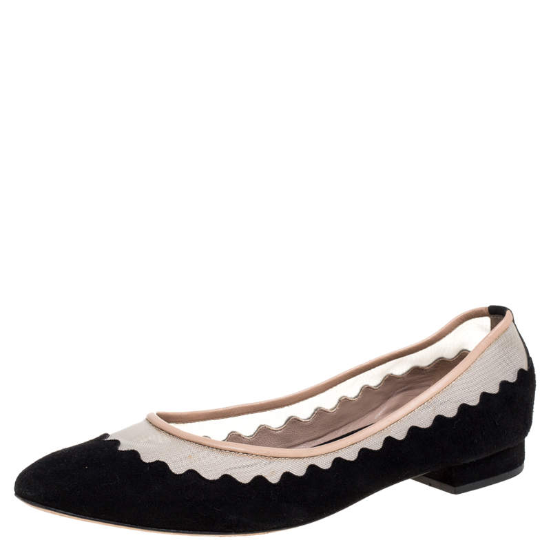 Chloe Black Suede And Mesh Scallop Tulle Ballet Flats Size 36.5
