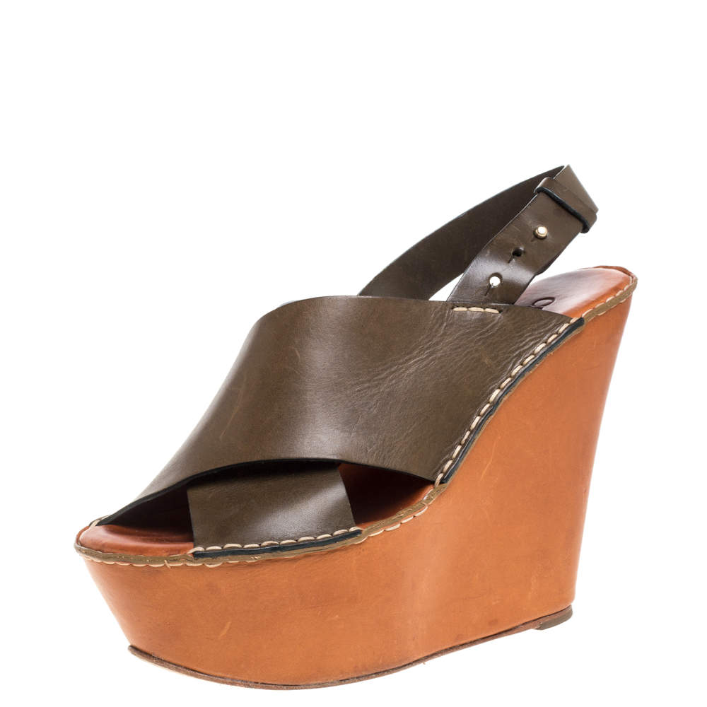 Pre Owned Chloe Olive Green Leather Wedge Platform Sandals Size 39