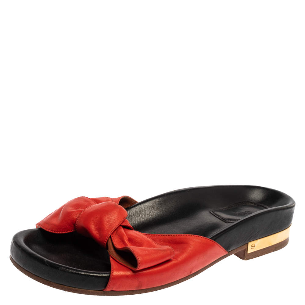 Pre Owned Chloe Red Leather Emily Knotted Bow Detail Slide Flats Size 39