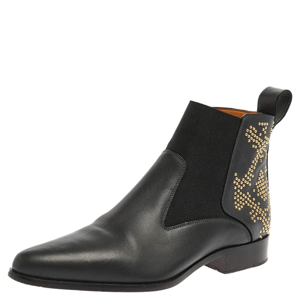 Pre Owned Chloe Grey Leather Studded Pointed Toe Ankle Boots Size 38.5