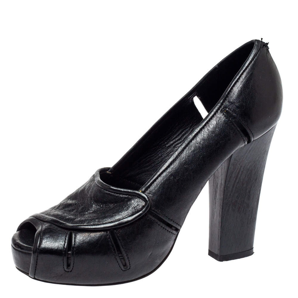 Chloe Black Leather Block Heel Peep Toe Platform Pumps Size 38.5