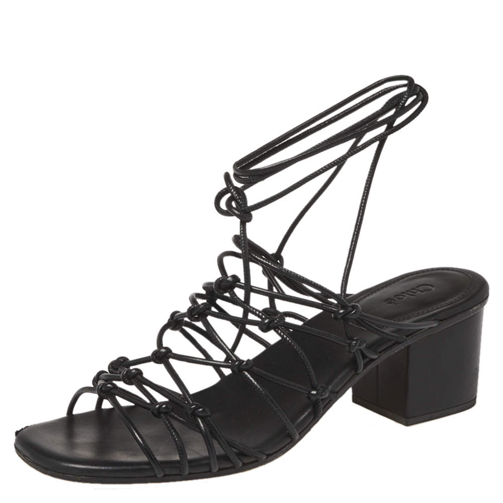 Chloe Black Leather Jamie Knot Ankle Wrap Sandals Size 39
