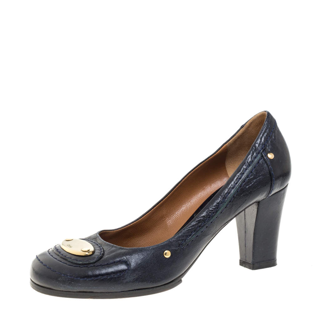 Pre Owned Chloe Blue Leather Block Heel Pumps Size 36