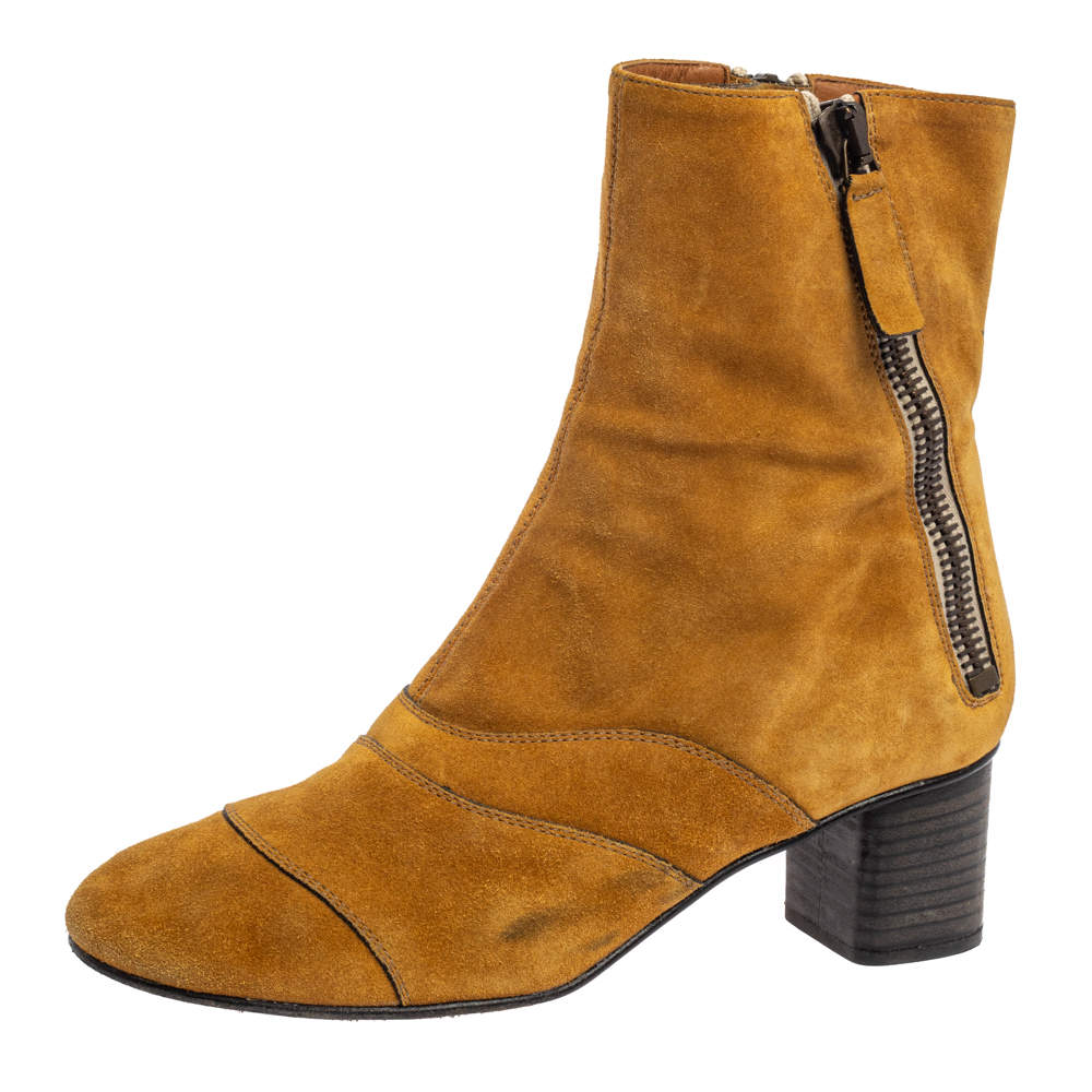 Chloe Butterscotch Yellow Suede Block Heel Ankle Boots Size 38.5  