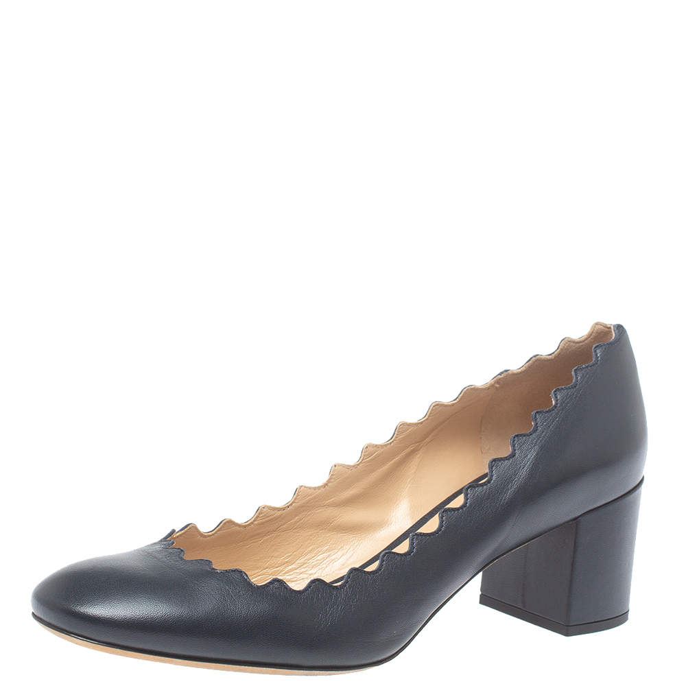 Pre Owned حذاء كعب عالي كلوي لورين حافة مموجه جلد أزرق كحلي مقاس 39.5