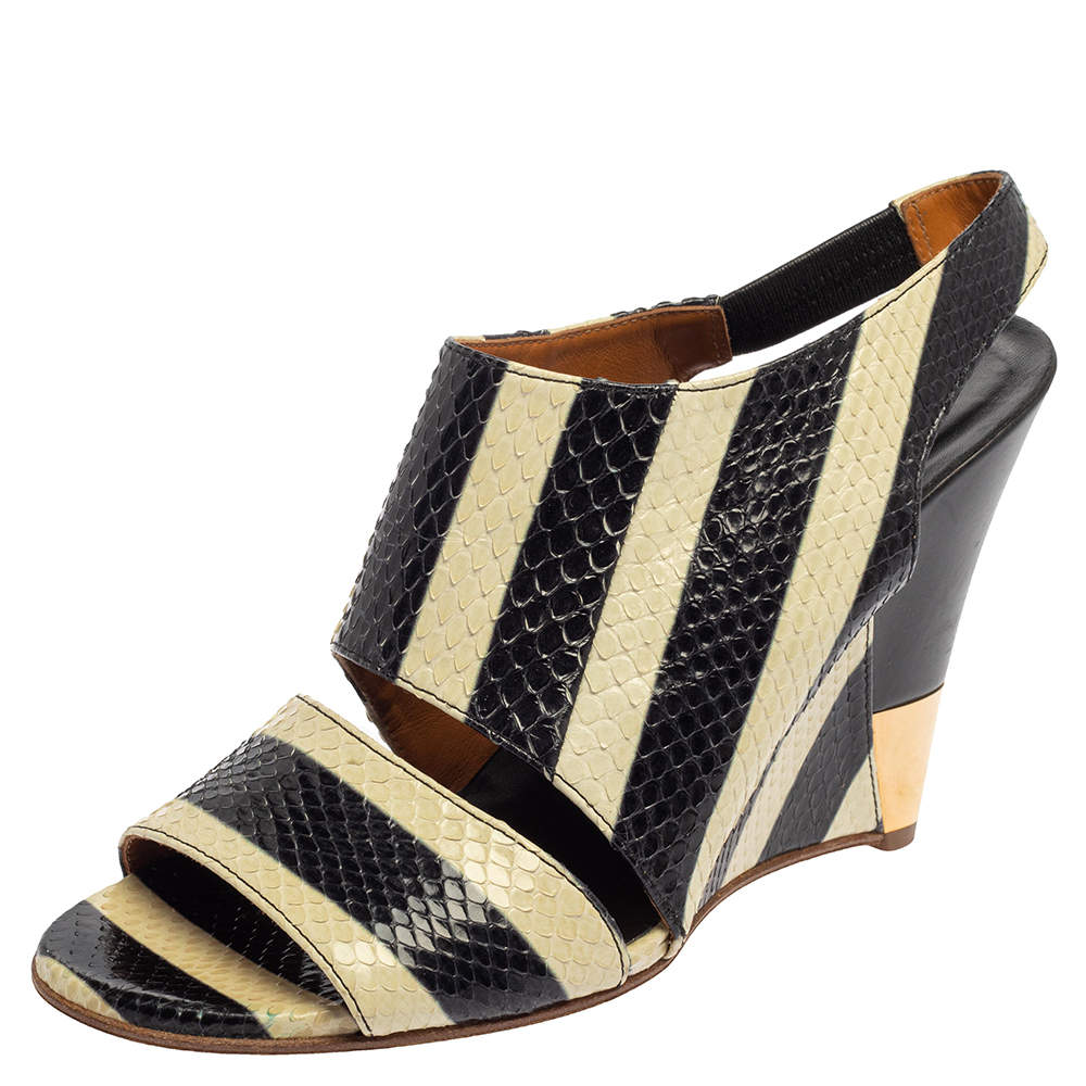  Chloe Cream/Black Striped Python Ayers Wedge Slingback Sandals Size 39