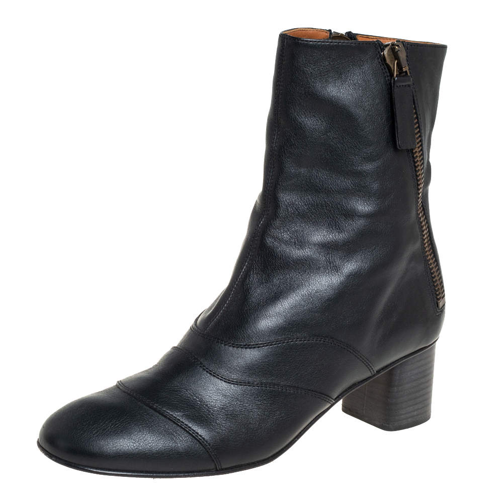 Pre Owned حذاء بوت كاحل كلوي سحاب مزدوج جلد أسود مقاس 41