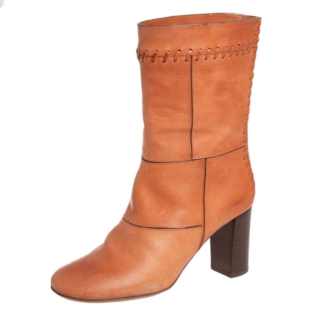 Pre Owned Chloe Tan Patchwork Leather Whipstitch Mid Calf Boots Size 36