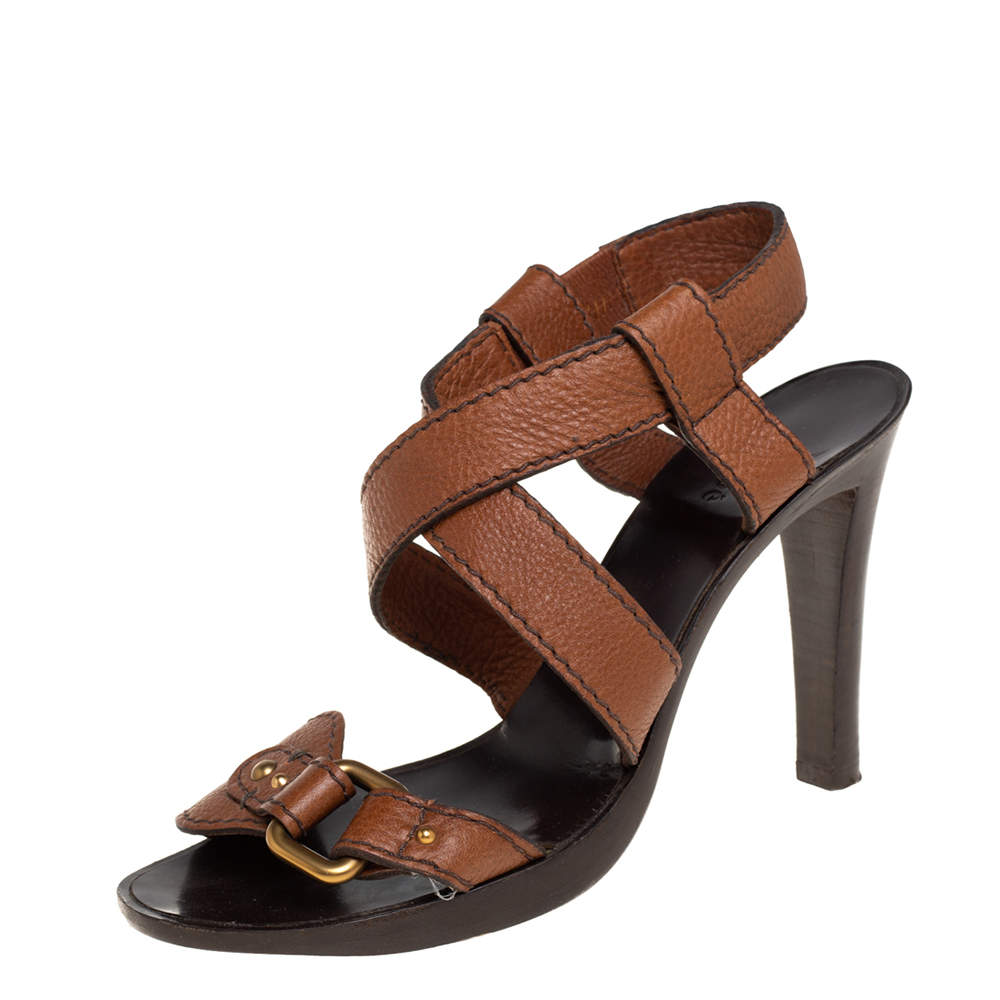 Pre Owned Chloé Brown Leather Ankle Strap Sandals Size 39.5