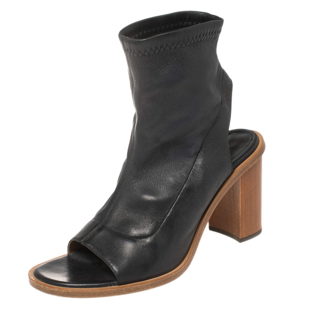 Pre Owned Chloe Black Leather Open Toe Block Heel Ankle Booties Size 38