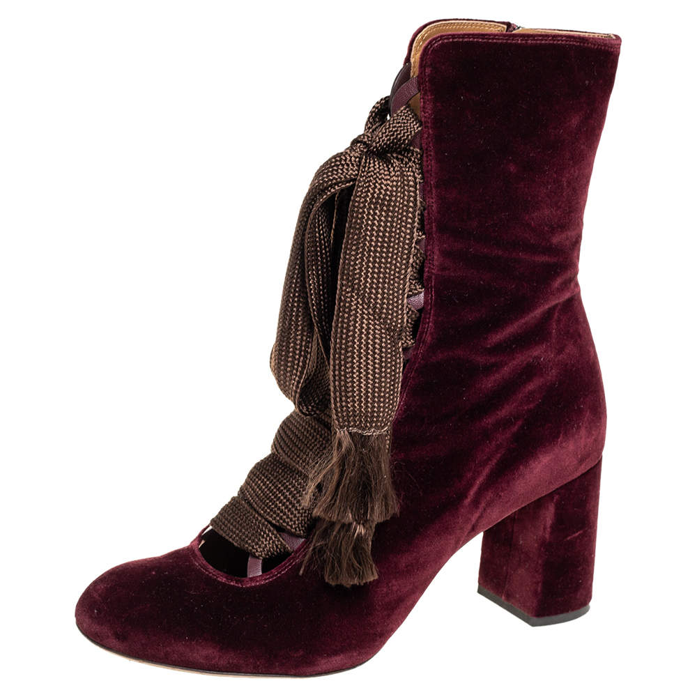 Chloe Burgundy Velvet Harper Mid Calf Boots Size 41
