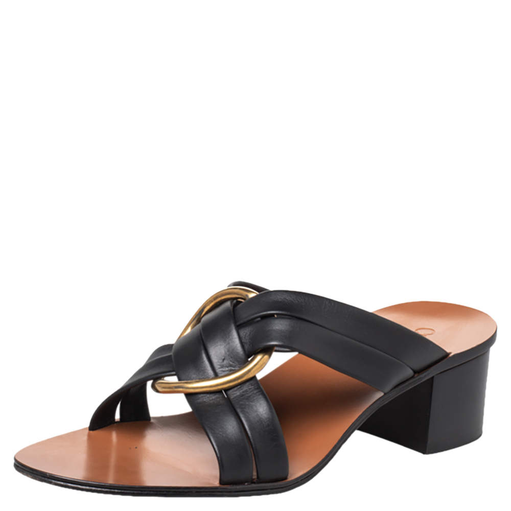 Pre Owned Chloe Black Leather Rony Block Heel Slide Sandals Size 39