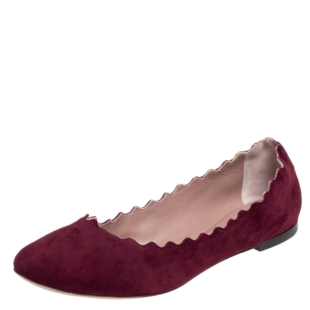 Pre Owned Chloé Dark Burgundy Suede Lauren Scalloped Ballet Flats Size 40