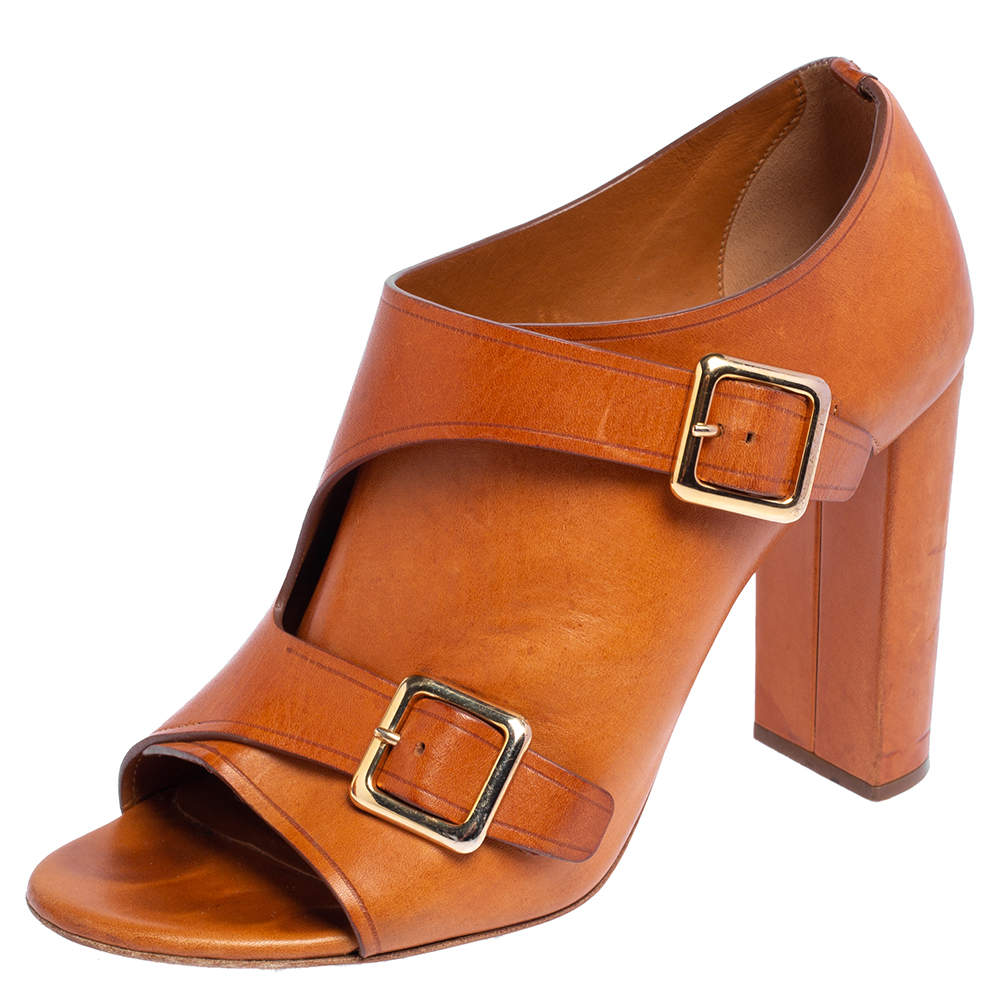 Pre Owned Chloe Brown Leather Buckle Open Toe Booties Size 39