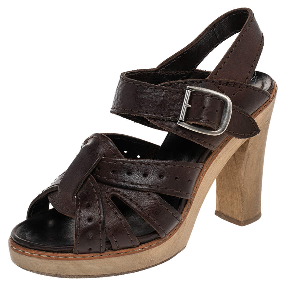 Chloe Brown Leather Open Toe Platform Ankle Strap Sandals Size 38