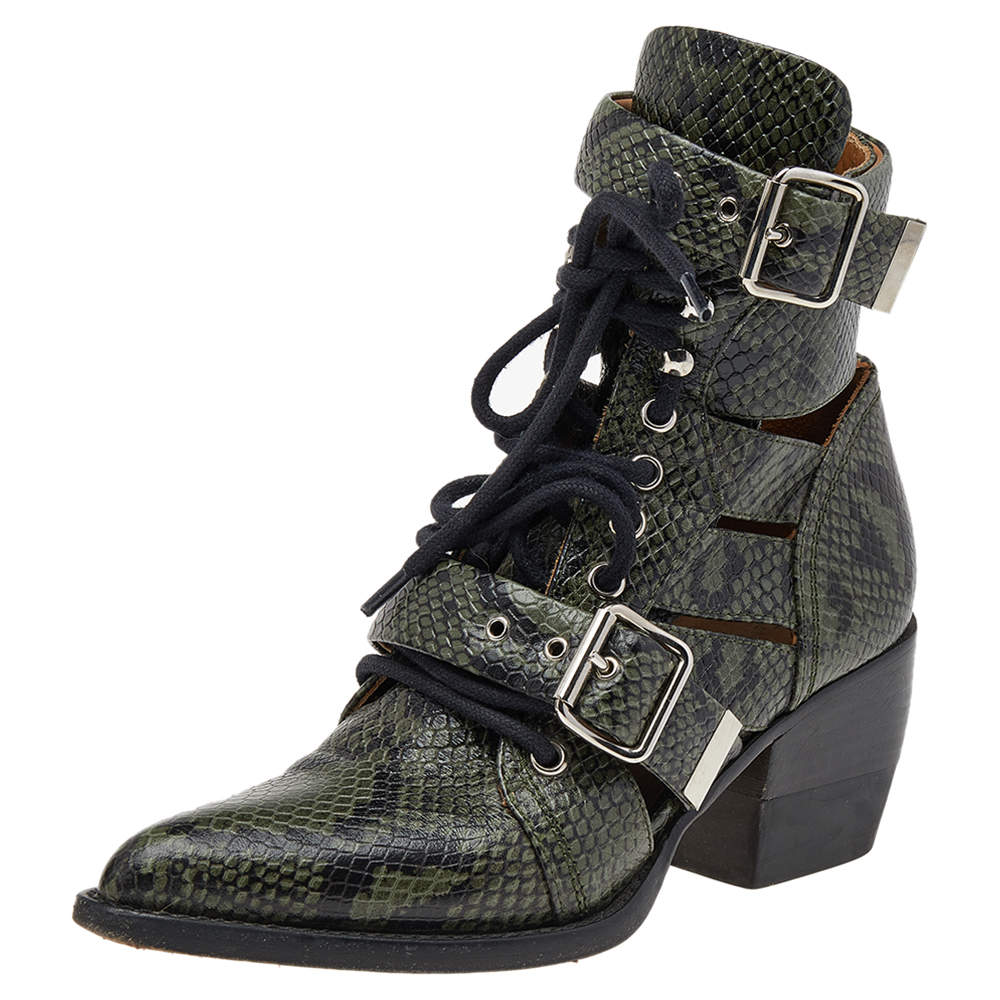 Pre Owned Chloe Green Python Embossed Leather Rylee Ankle Length  Boots Size 36