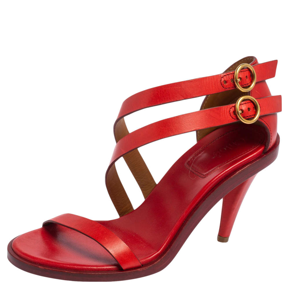 Pre Owned Chloe Red Leather Double Ankle Strap Niko Sandals Size 36