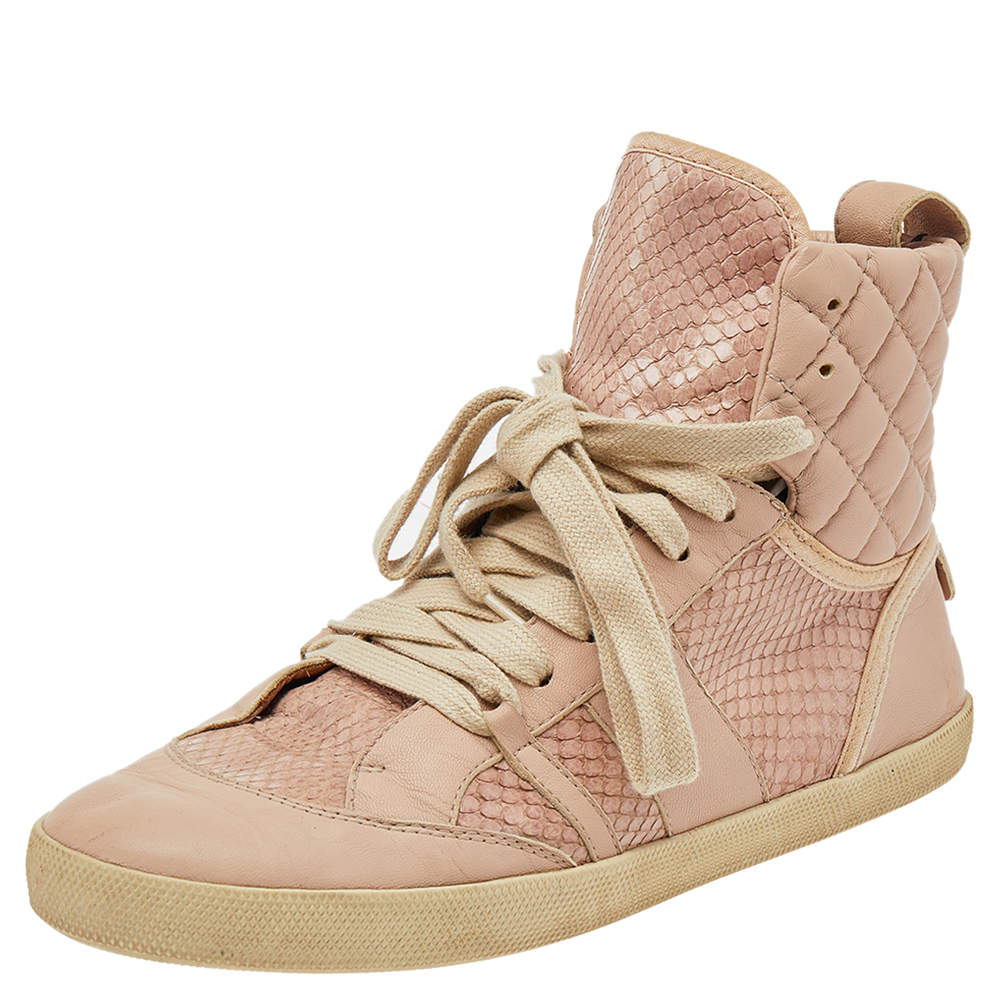 Pre Owned Chloe Pink Quilted Leather And Python High Top Sneakers Size 38