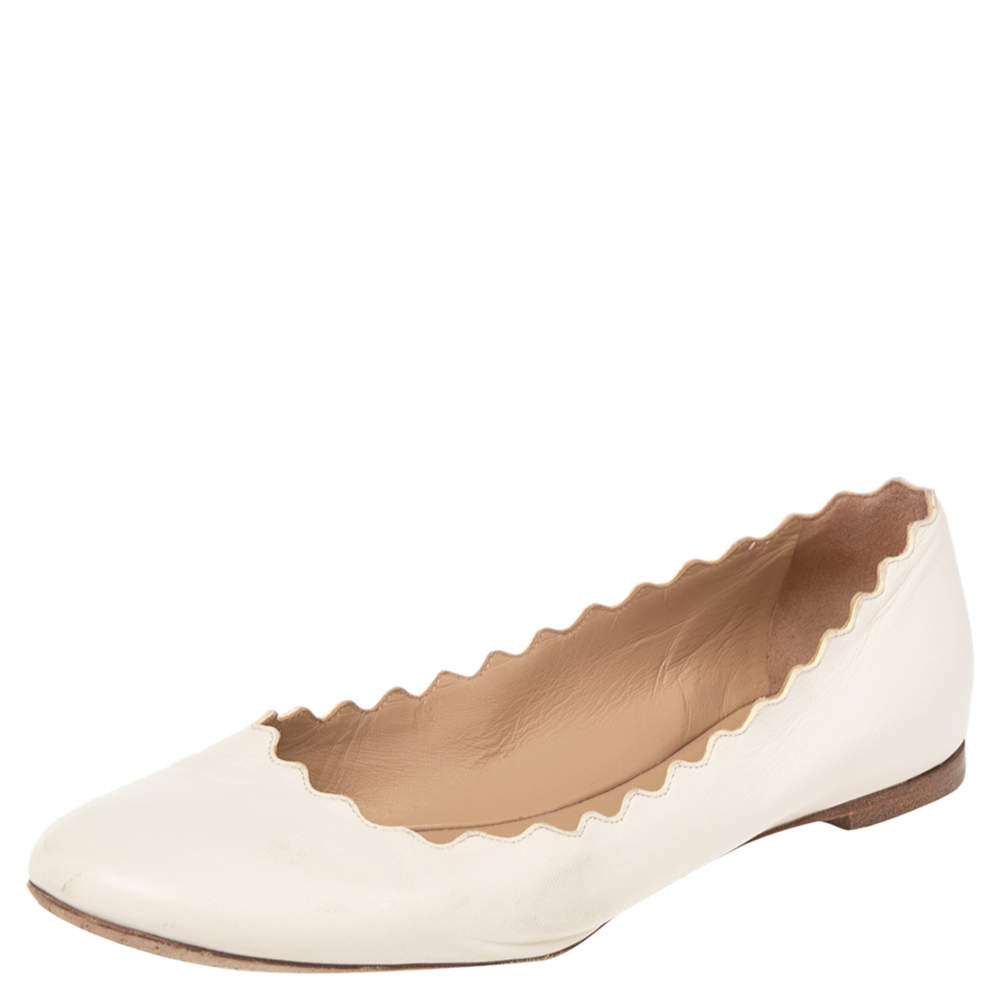 Pre Owned Chloe White Leather Lauren Scalloped Ballet Flats Size 38