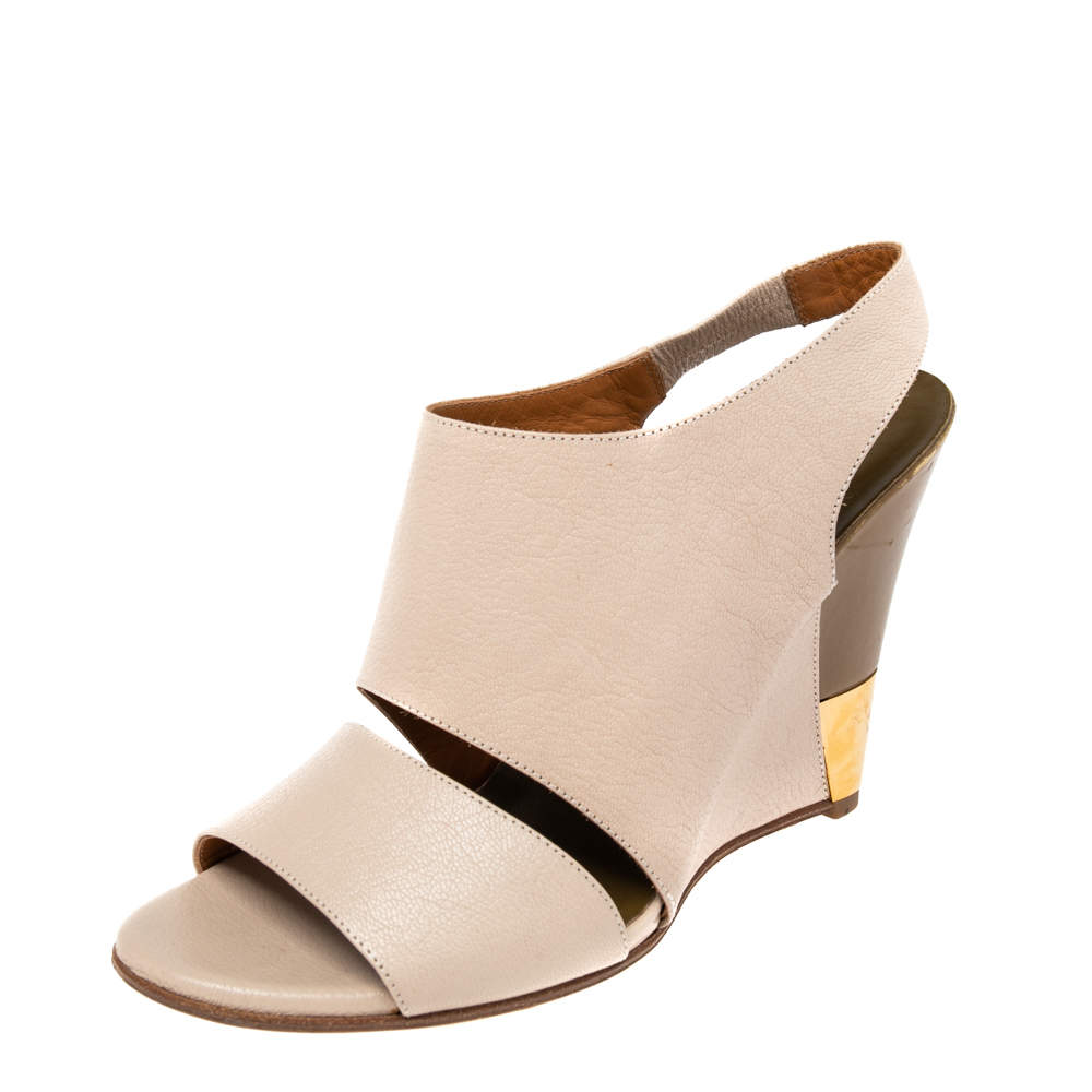 Chloe Beige Leather Eliza Wedges Slingback Sandals Size 37.5