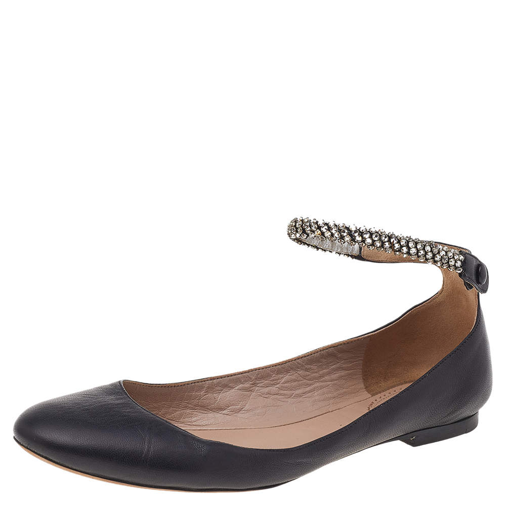 Pre Owned Chloe Black Leather Crystal Embellished Ankle Cuff Ballet Flats Size 37