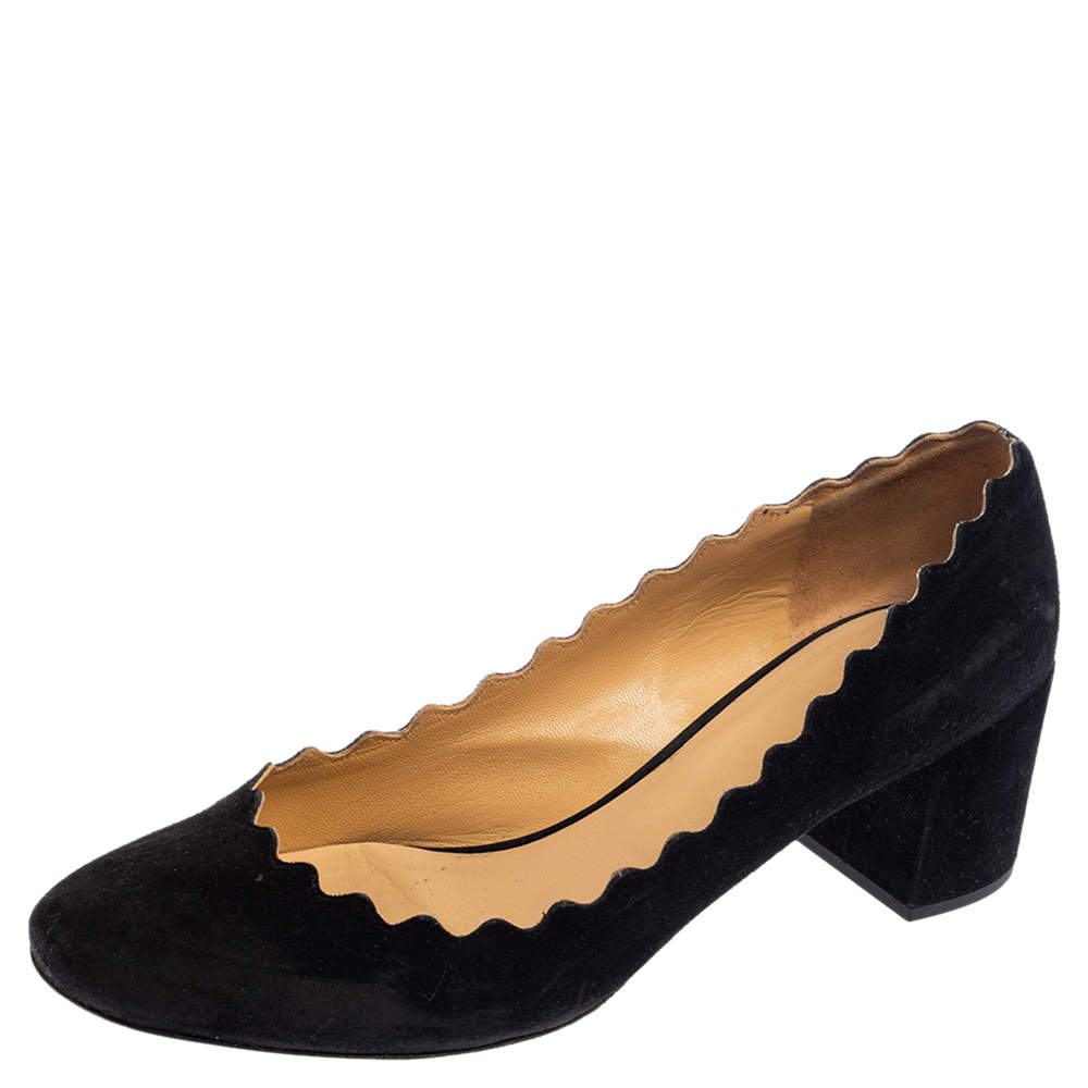 Pre Owned Chloe Black Suede Lauren Scallop Trim Block Heel Pumps Size 40
