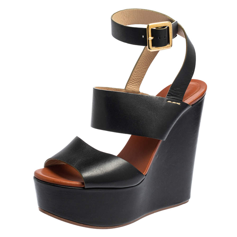 Chloe Black Leather 'Central' Platform Wedge Sandals Size 38.5 Chloe | TLC