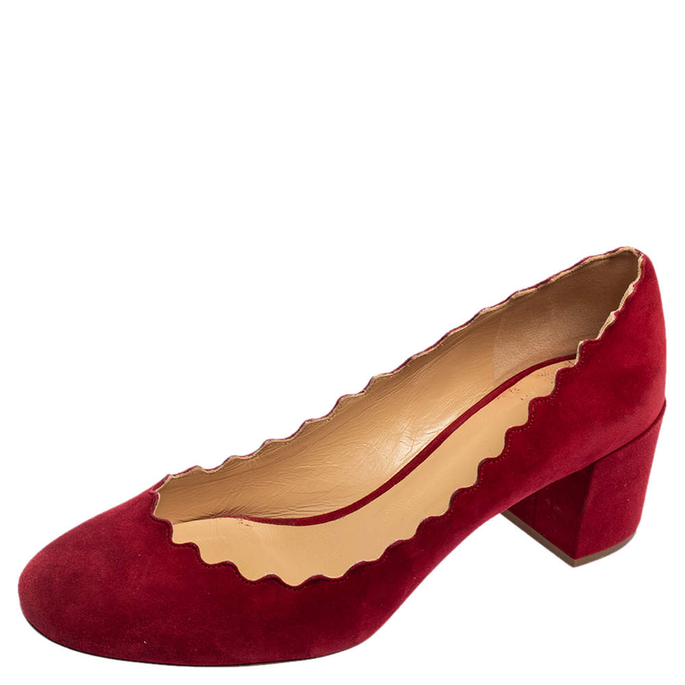 Pre Owned Chloe Red Suede Lauren Scalloped Pumps Size 37
