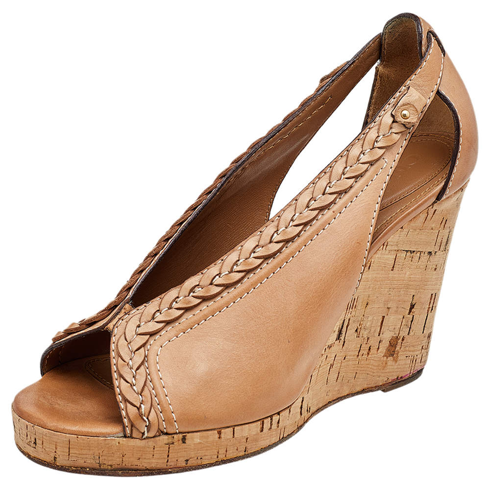 Chloe Brown Leather Cork Wedge Sandals Size 41