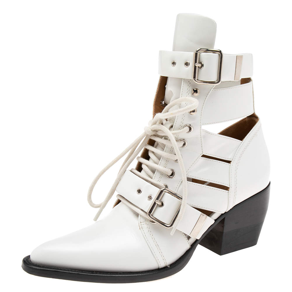 Pre Owned Chloe White Leather Rylee Cut-Out Ankle Boots Size 39