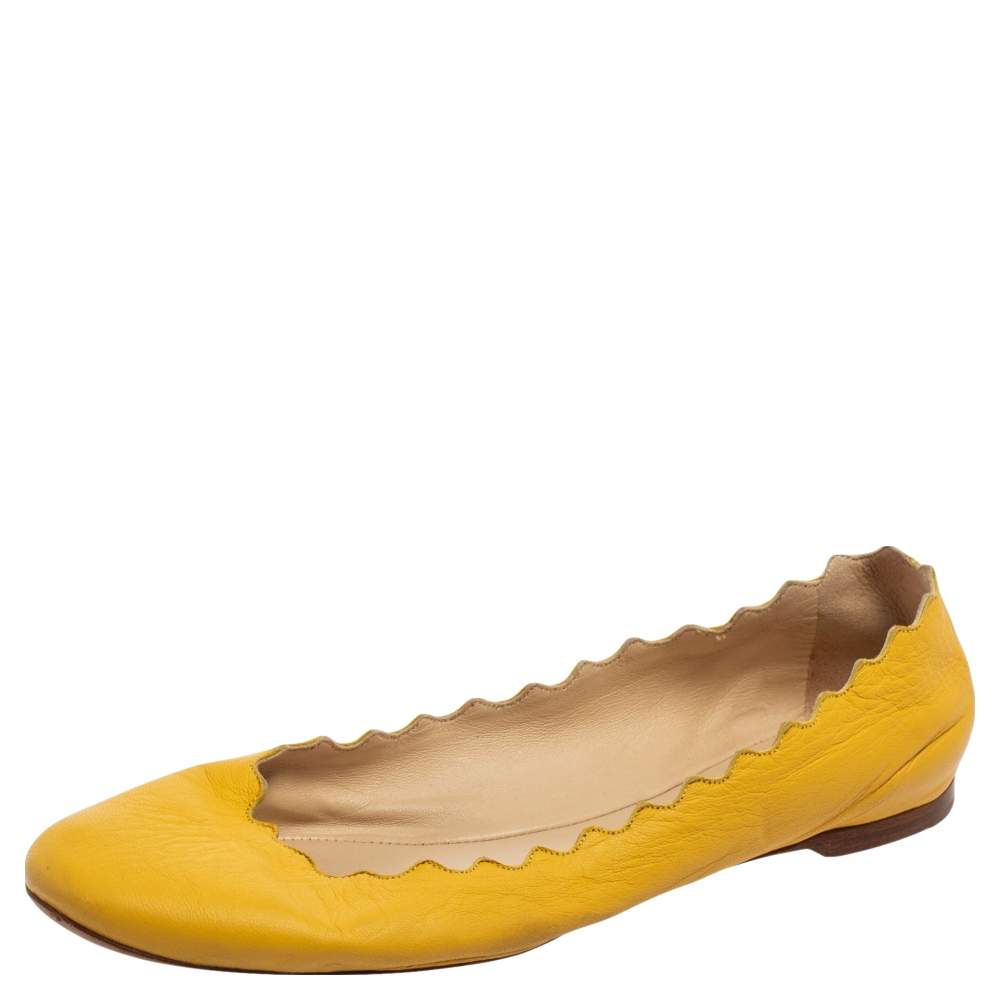 Pre Owned Chloé Yellow Leather Lauren Scalloped Ballet Flats Size 38