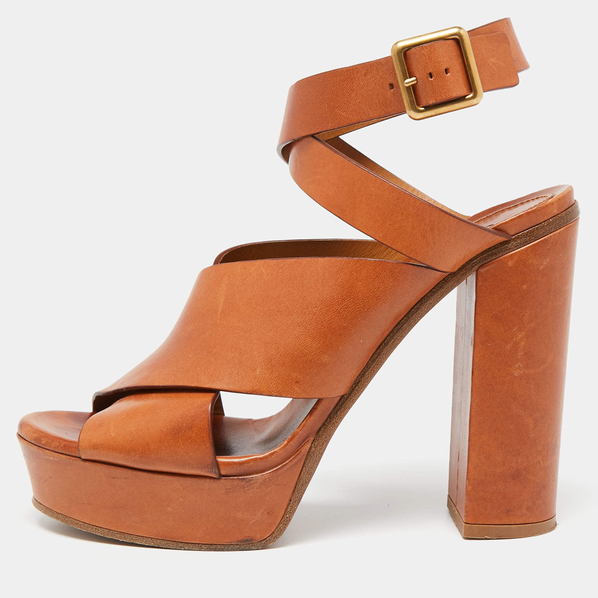 Chloe Brown Leather Platform Ankle-Wrap Sandals Size 39