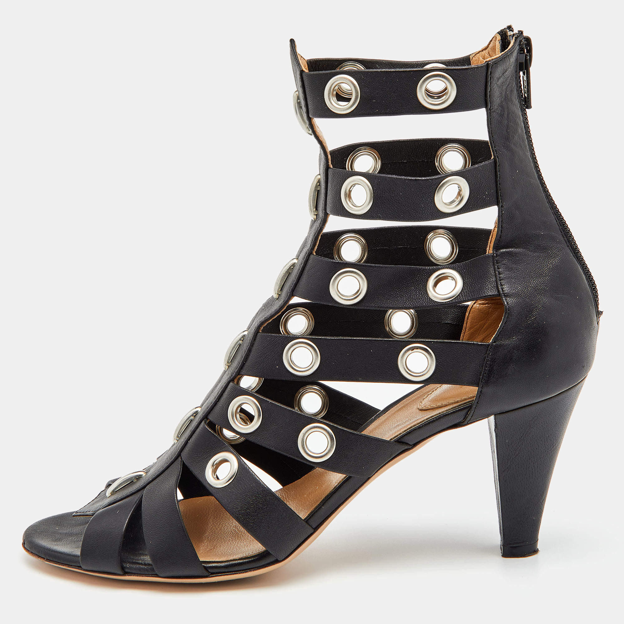 Pre Owned Chloe Black Leather Grommet Cage Sandals Size 38.5