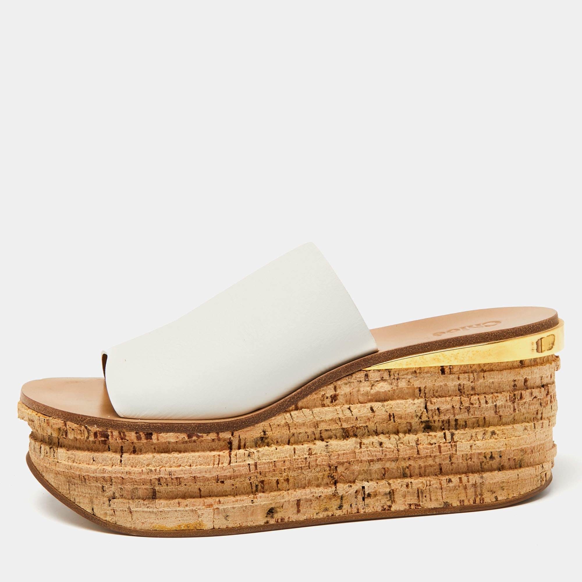 Chloe White Leather Cork Wedge  Sandals Size 39.5