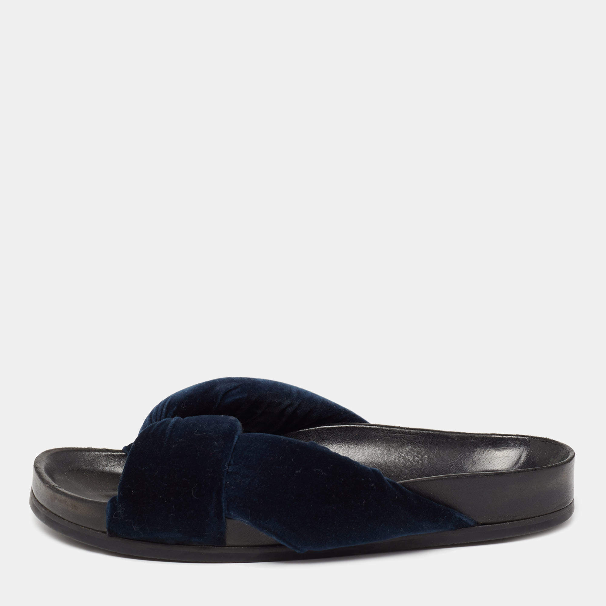 Chloe Blue Velvet Knotted Slip On Flat Slides Size 38
